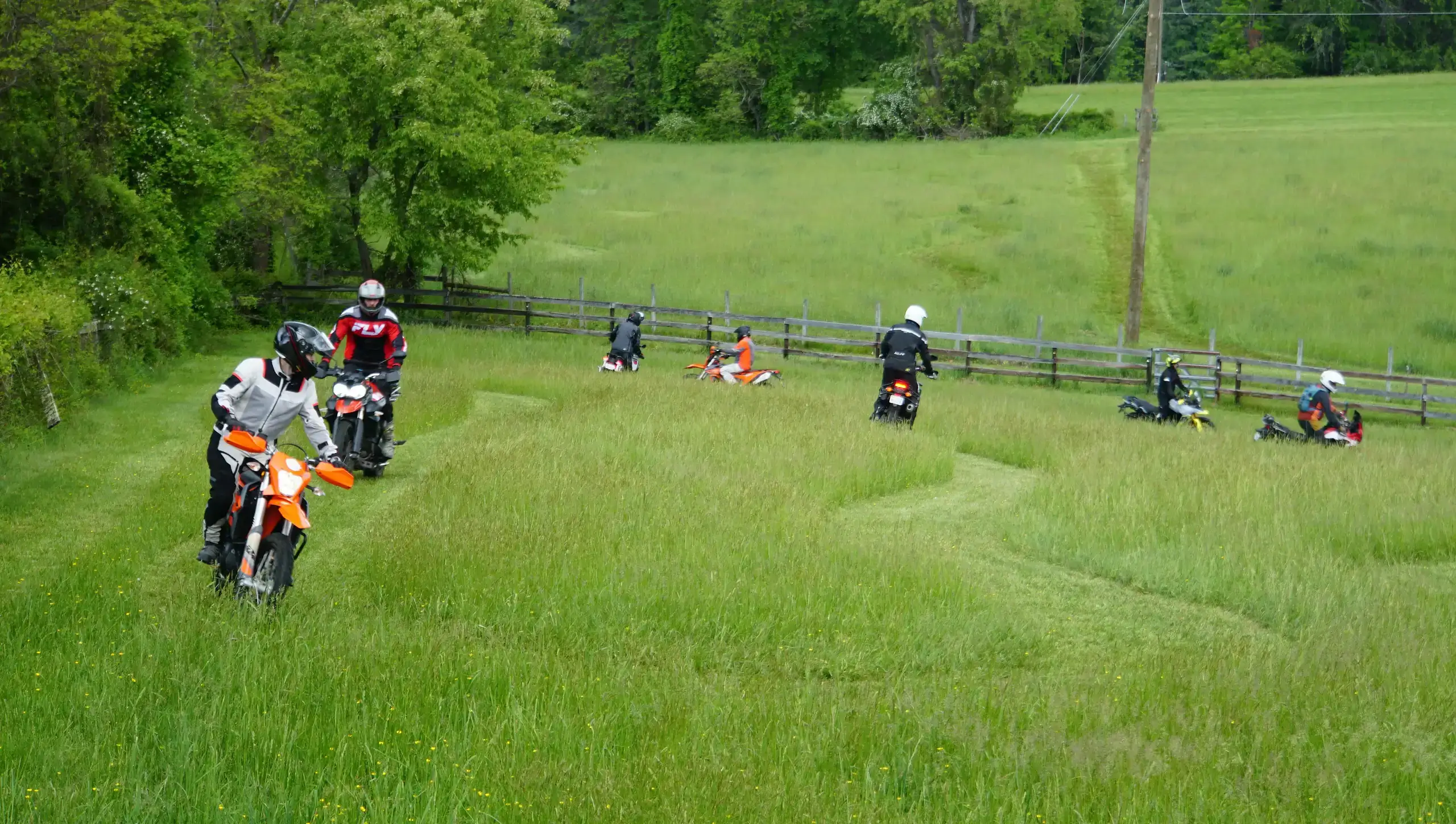 Riders on dirt bikes weave along a mown spaghetti trail through a tall-grass meadow, Virginia